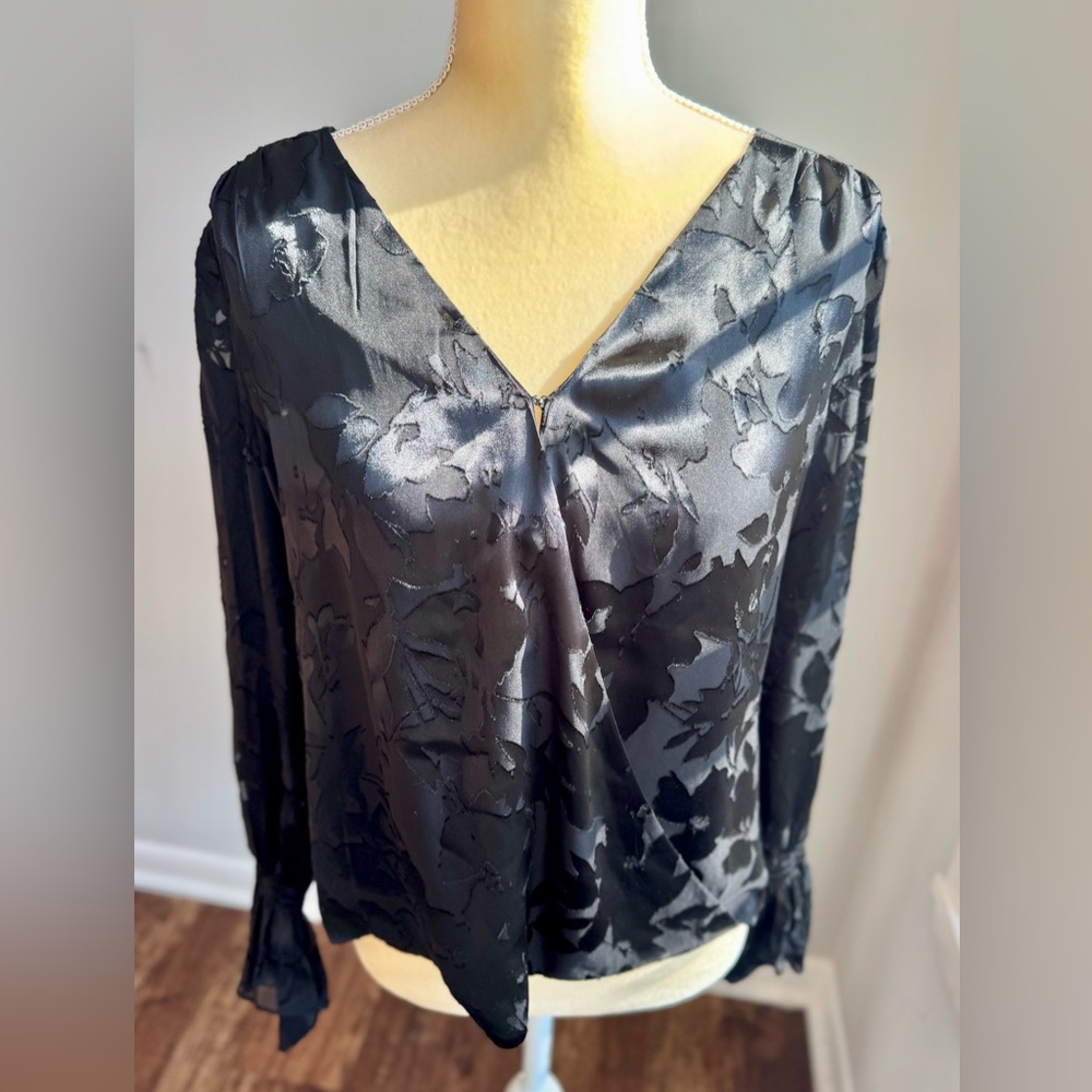 White House Black Market Silk-Blend Floral Burnout Blouse Sz 4 Faux Wrap Black
